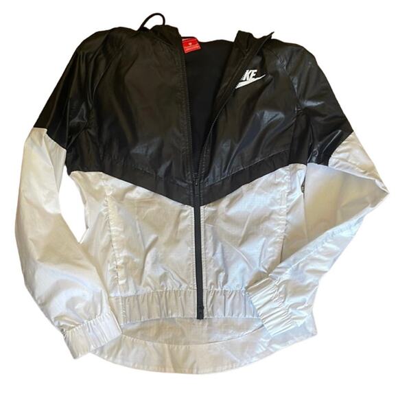 NEW NIKE Black White Colorblock Solid Windbreaker Jacket Hoodie Hood Pockets S - Picture 10 of 10